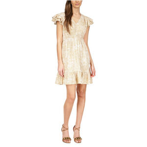 Michael Kors Women Beige Paisley Party Flutter-Sleeve Ruffle Mini Dress Size M